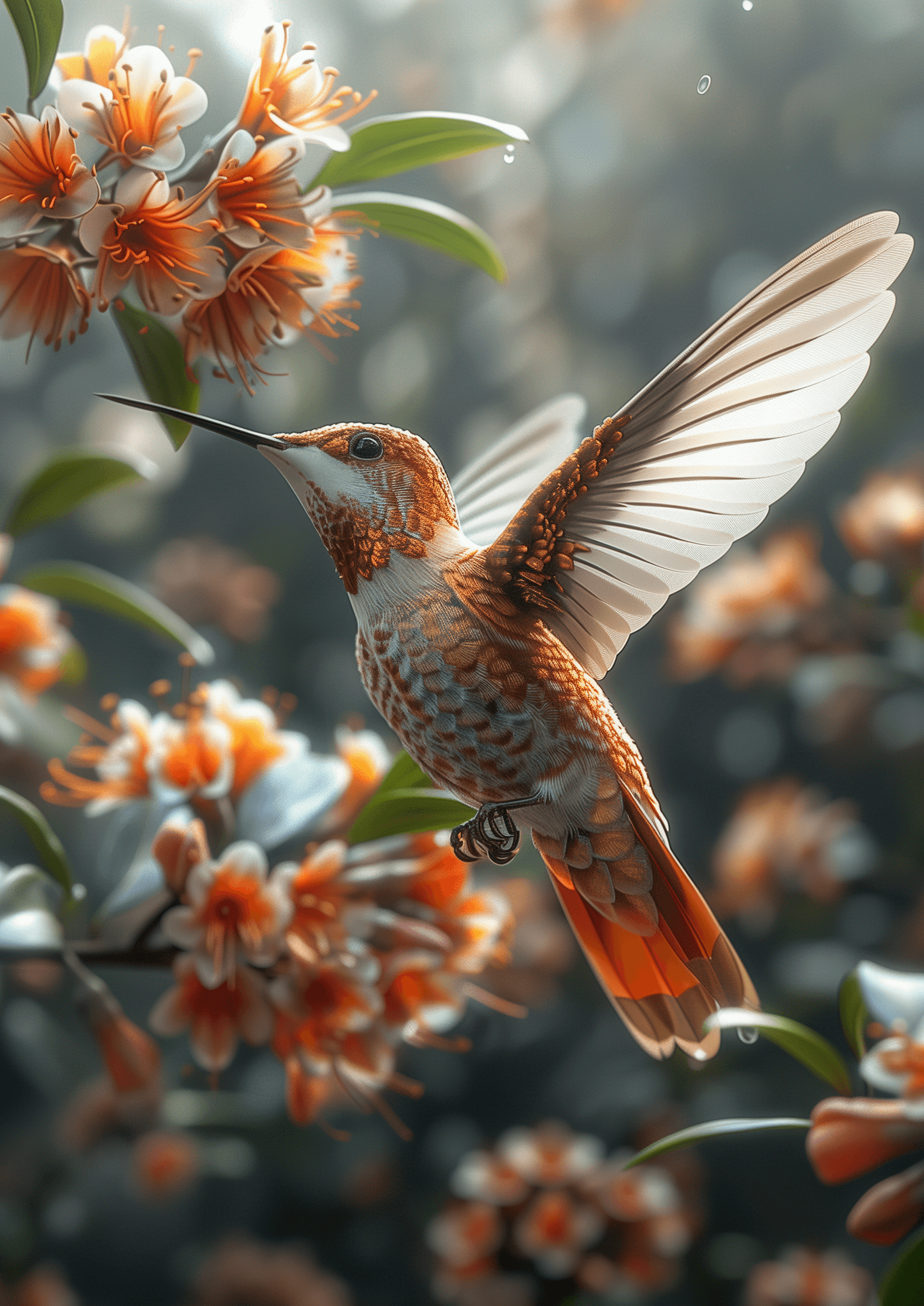 AI generated: colibri flying near a flower, masterpiece, dynamic pose, side view, forest background, natural light...
