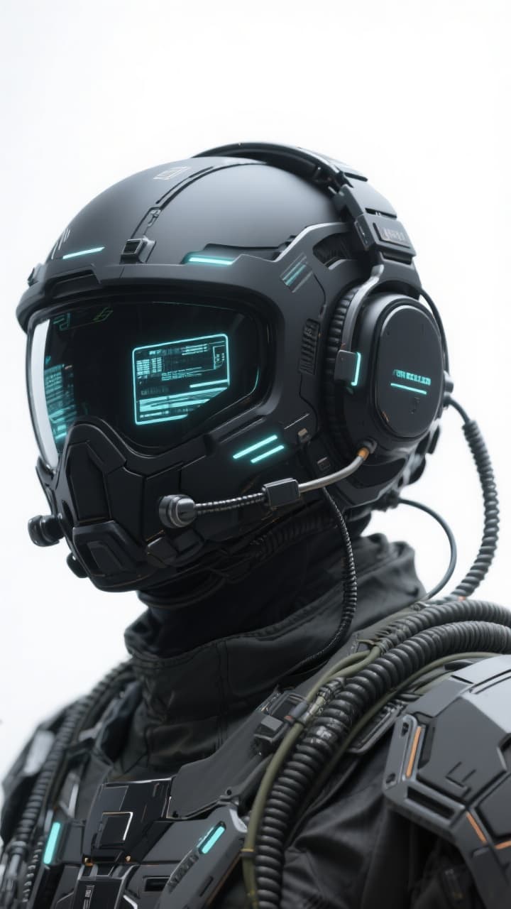 AI generated: A black helmet with LED screens on the front, designed for an air force pilot's head and featuring h...