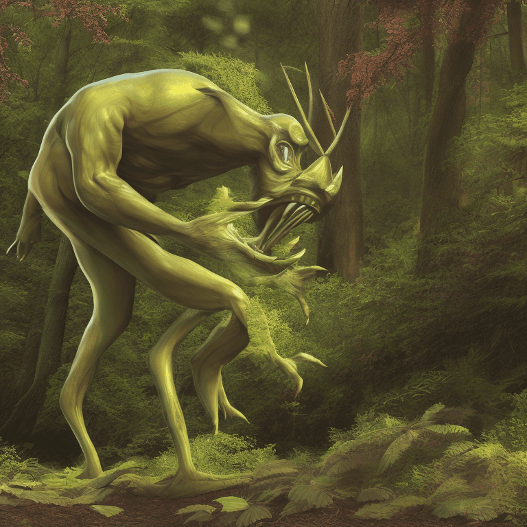 AI generated: 
illustration of a green goblin, medieval beast, forest background, full length view, digital art, h...