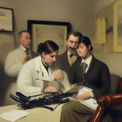 AI generated: painting in the style of Luke Fildes of a doctor using a drone to diagnose a patient