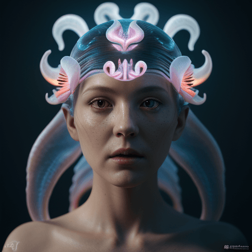AI generated: Goddess close-up portrait ribcagel. jellyfish phoenix head, nautilus, orchid, skull, betta fish, bio...