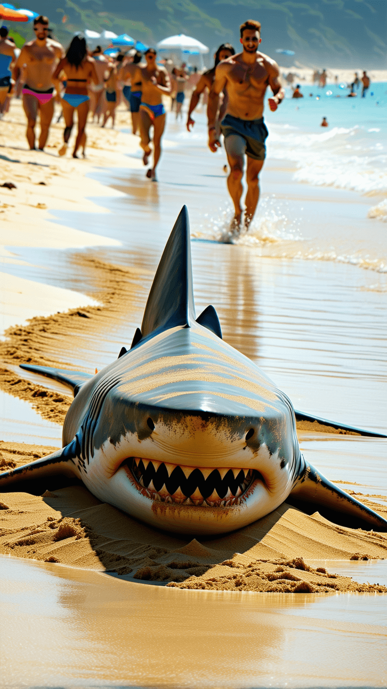 AI generated: Pointilism,ultrarealistic sands forming a shark on a beach full of people,people are scared,running,...
