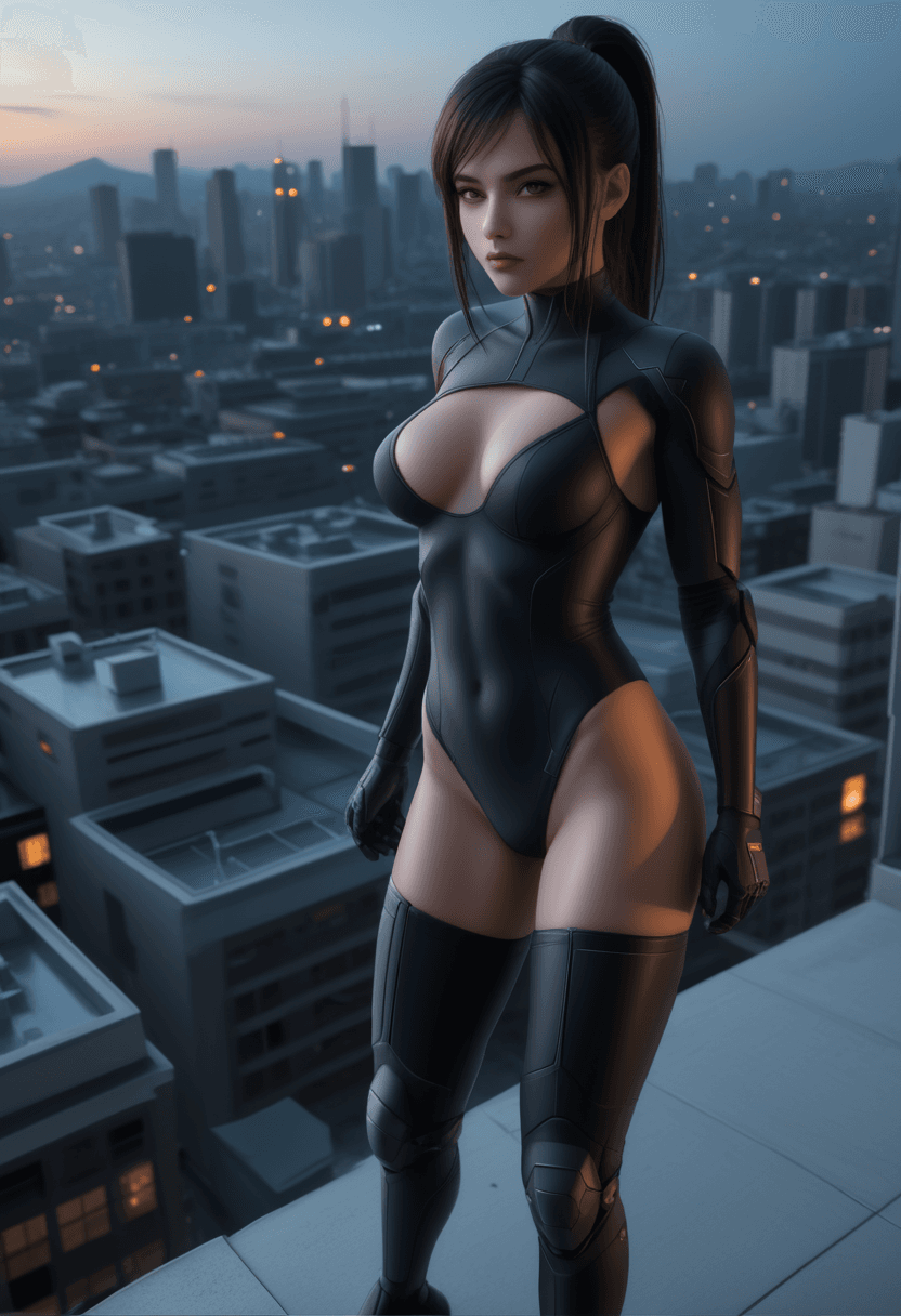 AI generated: Architectural style Digital artwork,concept art,a female ninja,standing on rooftop with a dark dysto...