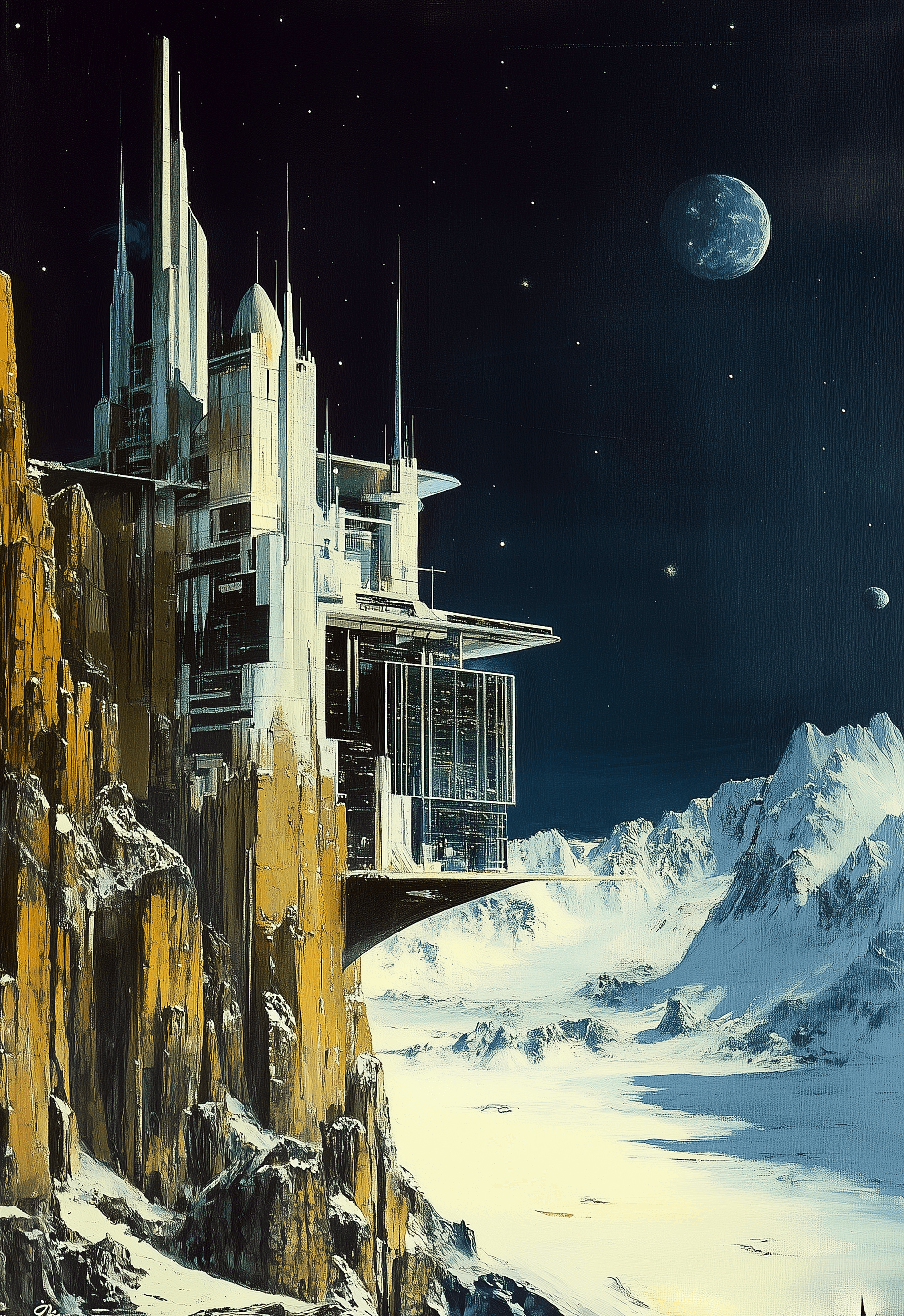 AI generated: Sleek, elegant architecture on the moon, fantasy painting in the style of John Berkey and Roger Dean...