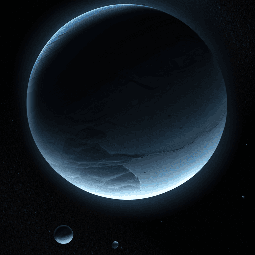 AI generated: visual representation of a distant, icy planet seen from space. Emphasize the unique features of a w...