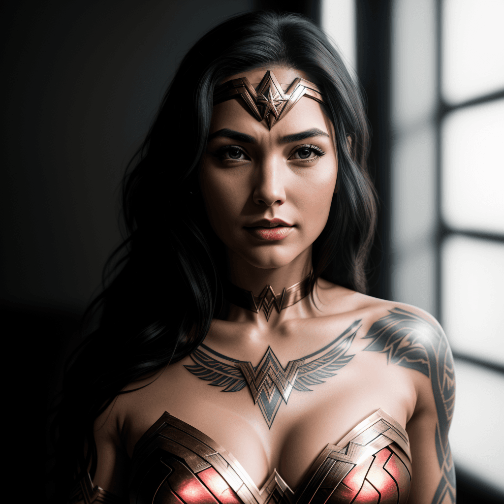 AI generated: Wonder Woman, happy, tattoo, metal lingerie, (tattoos), (full body visible), looking at viewer, port...