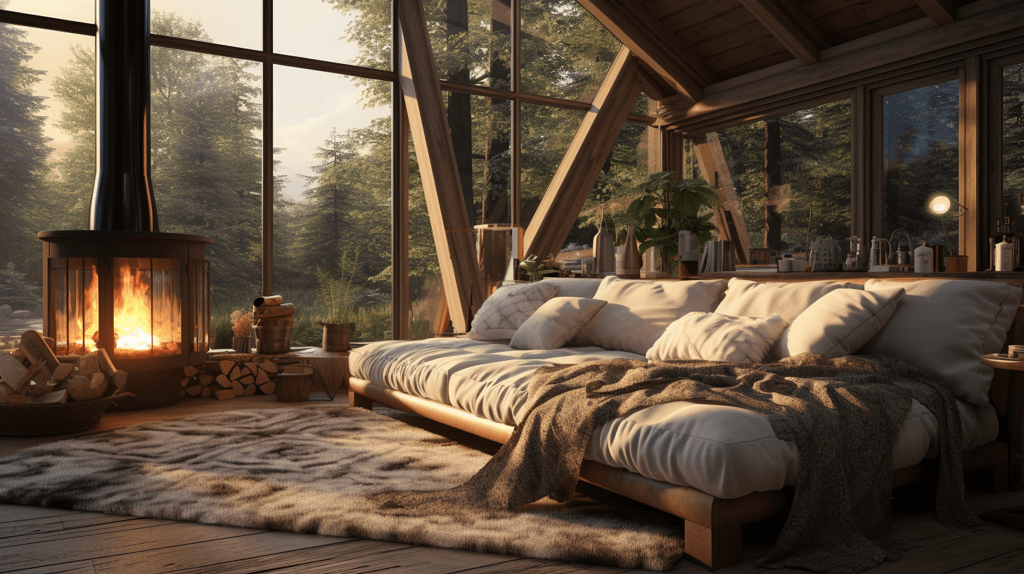 AI generated: a dreamhouse cabin, in the woods, interior design, cozy, couch, throw blankets, fur rug, large windo...