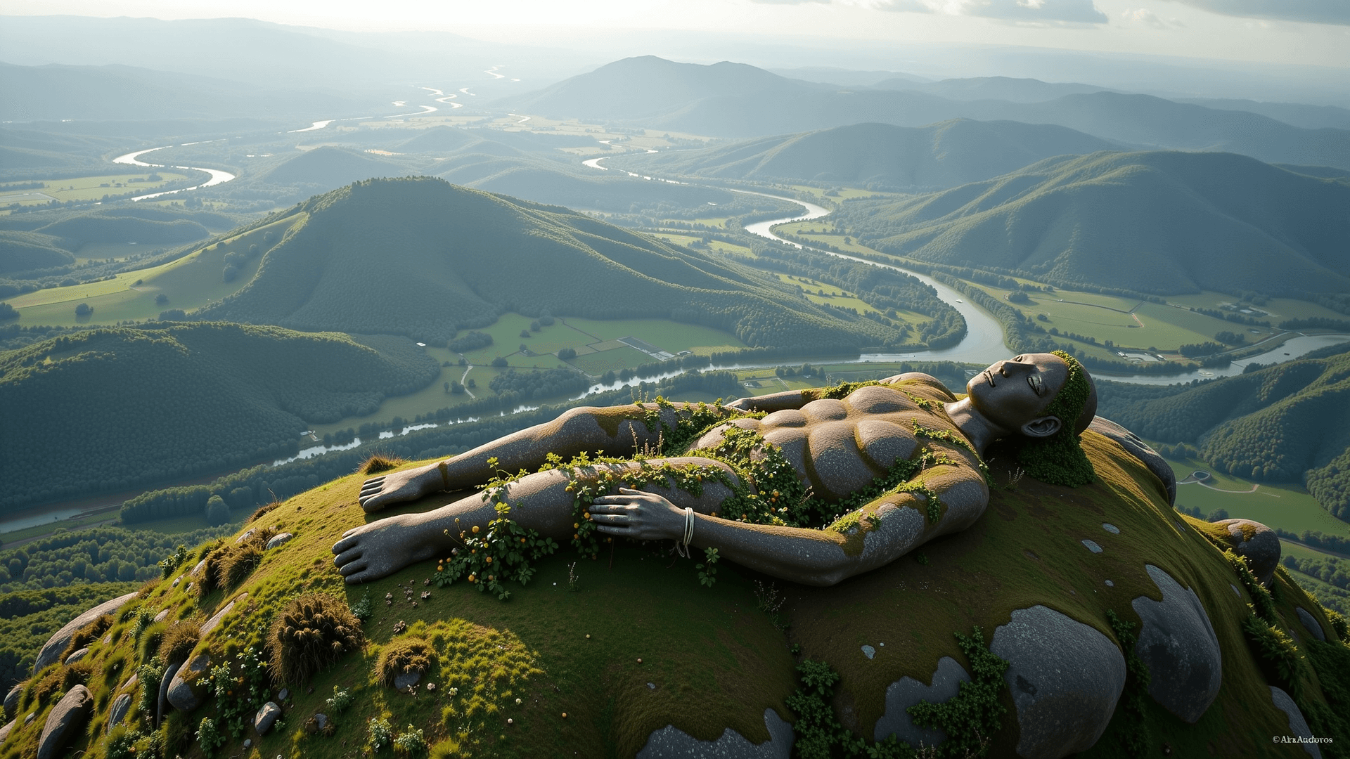 AI generated: A breathtaking aerial view of a vast green landscape with rolling hills, mountain ranges, and windin...