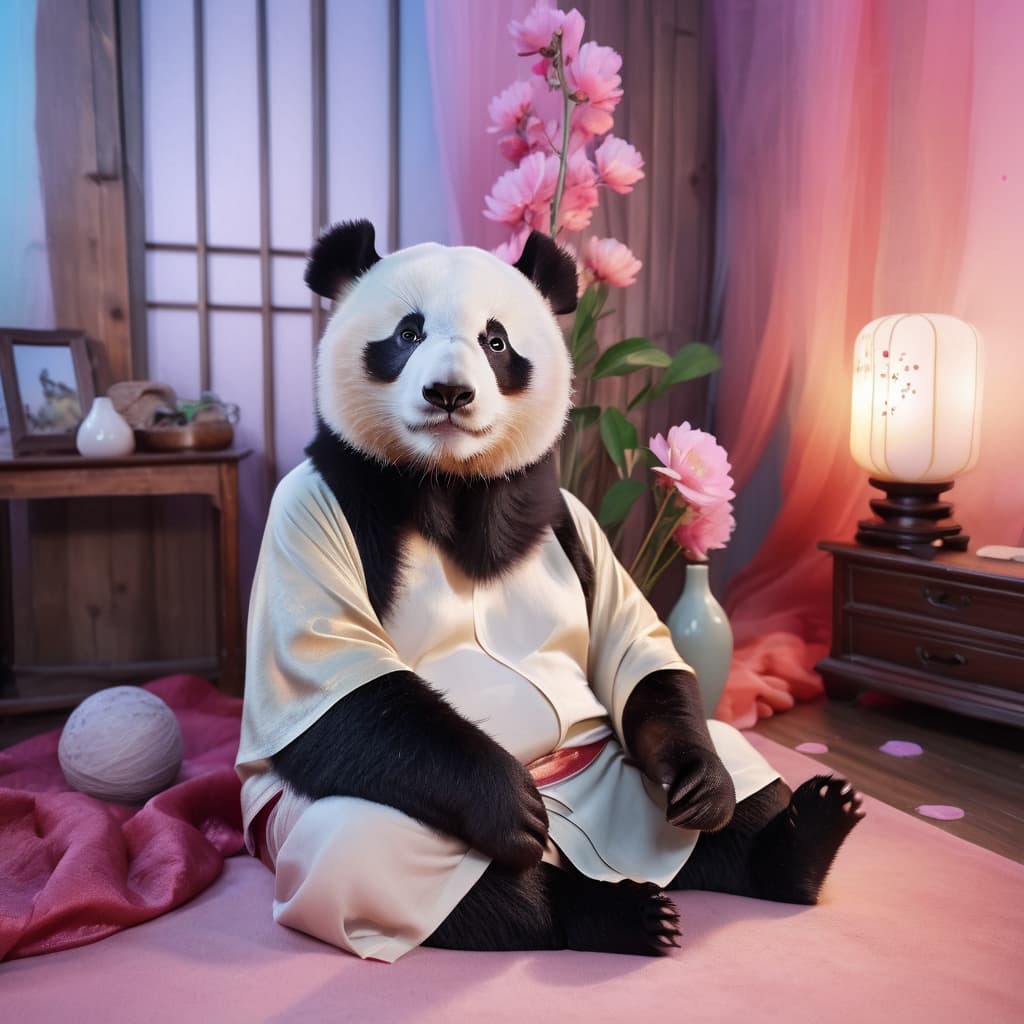 AI generated: a cute panda sitting in colorful studio, clean background, high resolution, hdr, raw photo, dreamy, ...