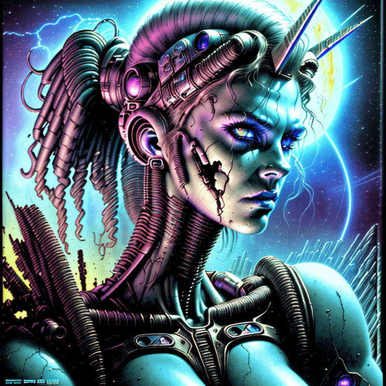 AI generated: a Beautiful rugged female post apocalyptic retrowave synthwave cyborg hero, space age, creepy eerie ...