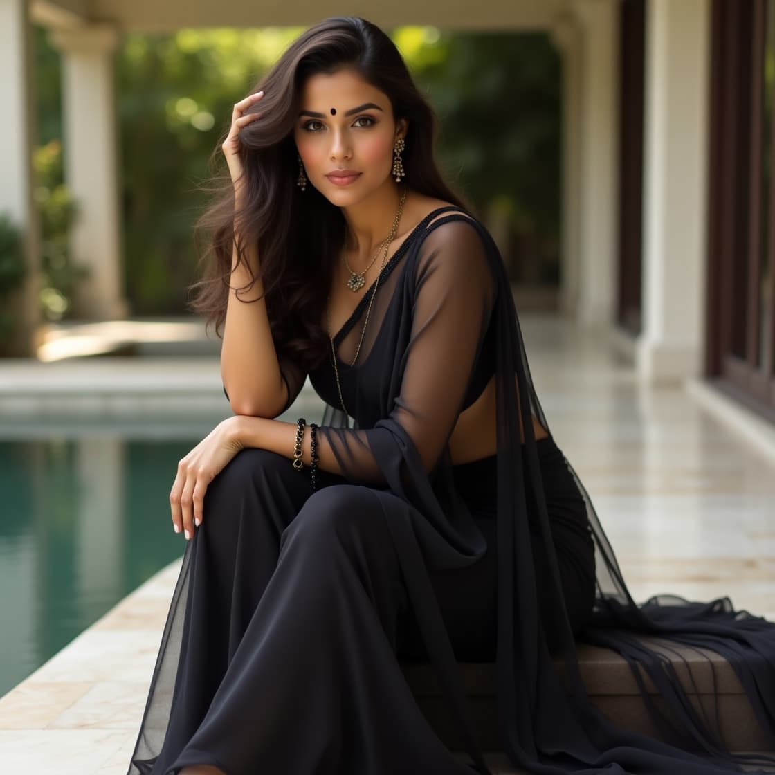 AI generated: **breath takingly gorgeous curvy Indian woman in a black designer saree, black beaded jewelry, black...