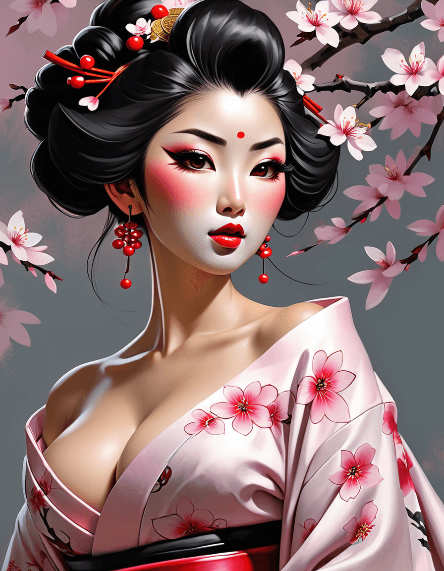 AI generated: NSFW, art in the style of Fabian Perez and Larry Bud Melman, dream fantasy geisha, elegant, beautifu...