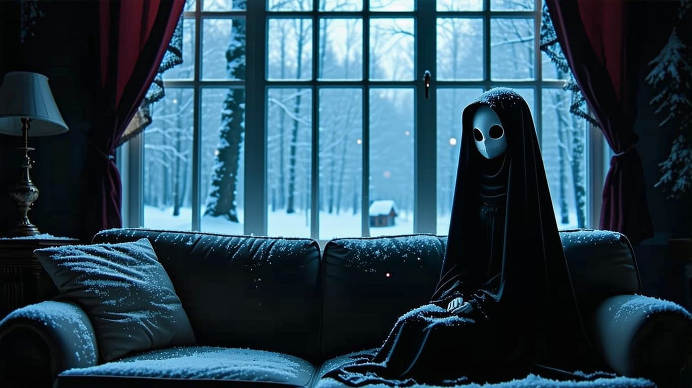 AI generated: A mysterious doll covered by a black veil sitting on a sofa in an eighties living room with dim, dar...