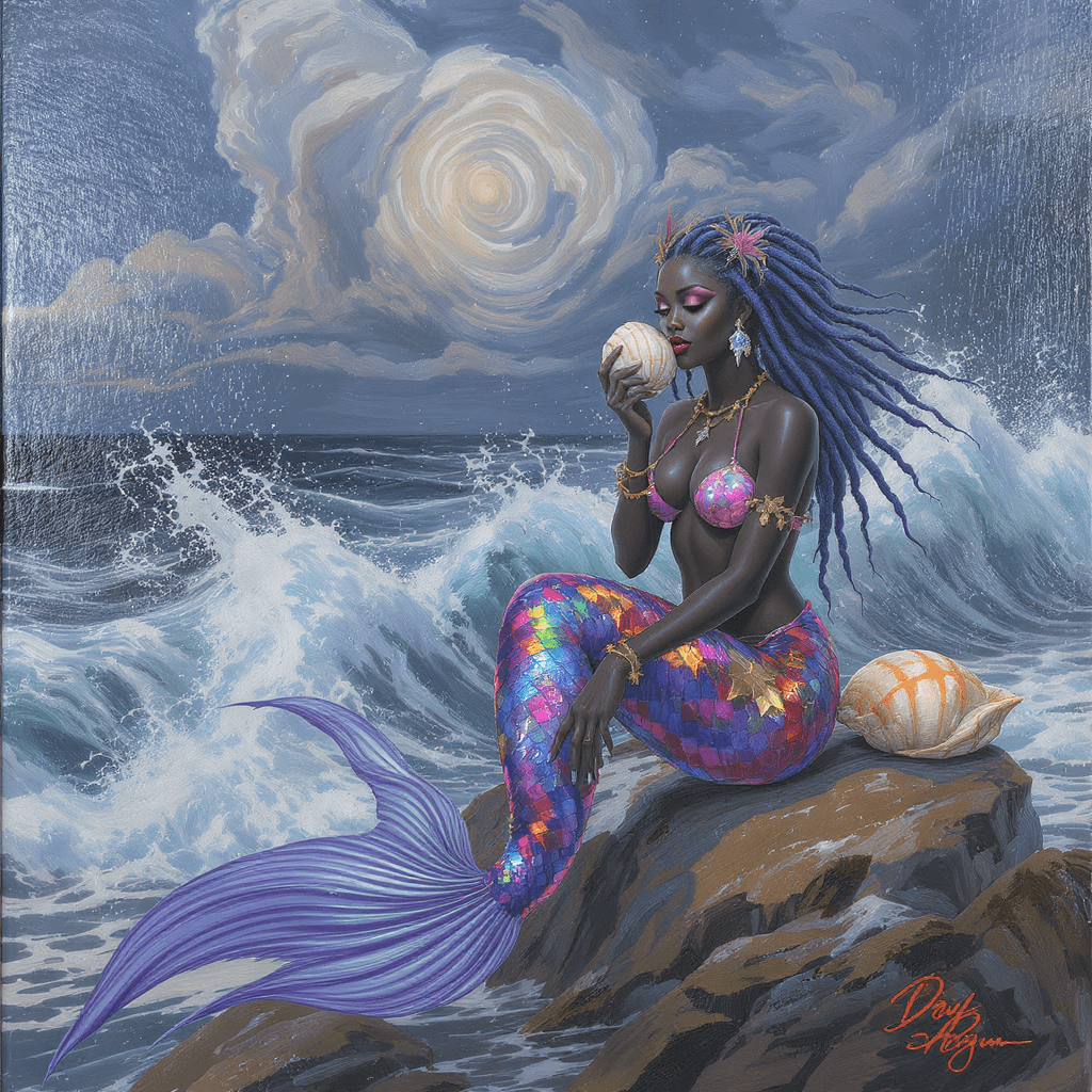AI generated: An airbrushed oil painting of a melanated mermaid with long, flowing blue locs adorned with aquatic-...