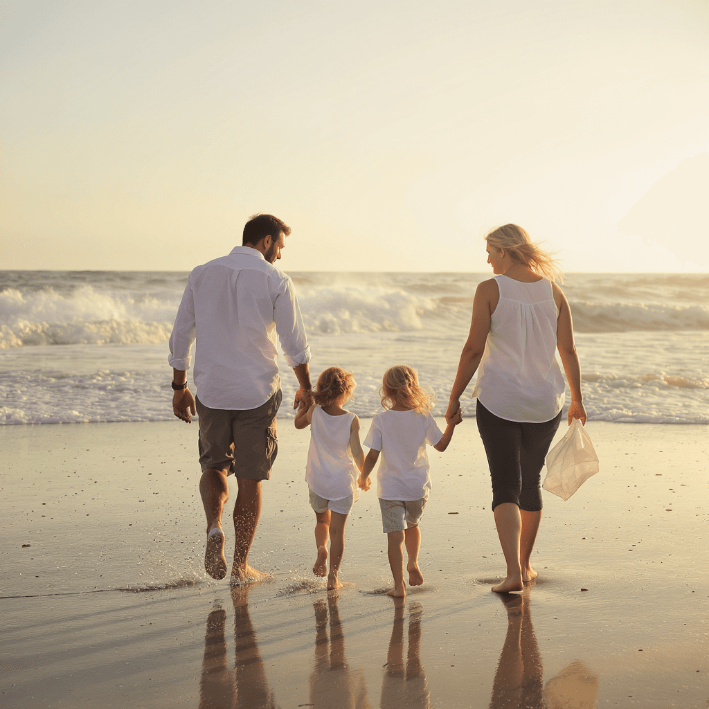 AI generated: young family walking on a beach
