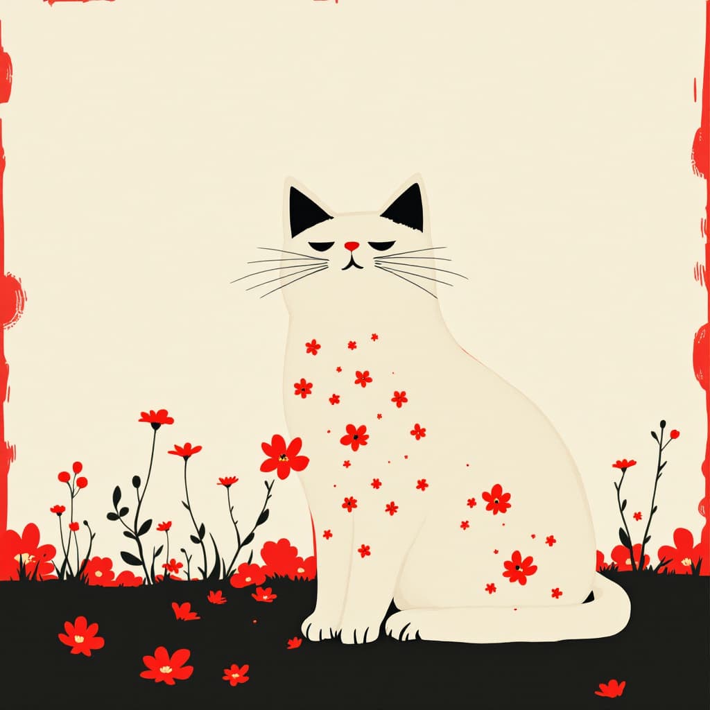 AI generated: white Cat and flower in a Takeshi Kitano style, in a minimalist and humorous setting, simple and str...