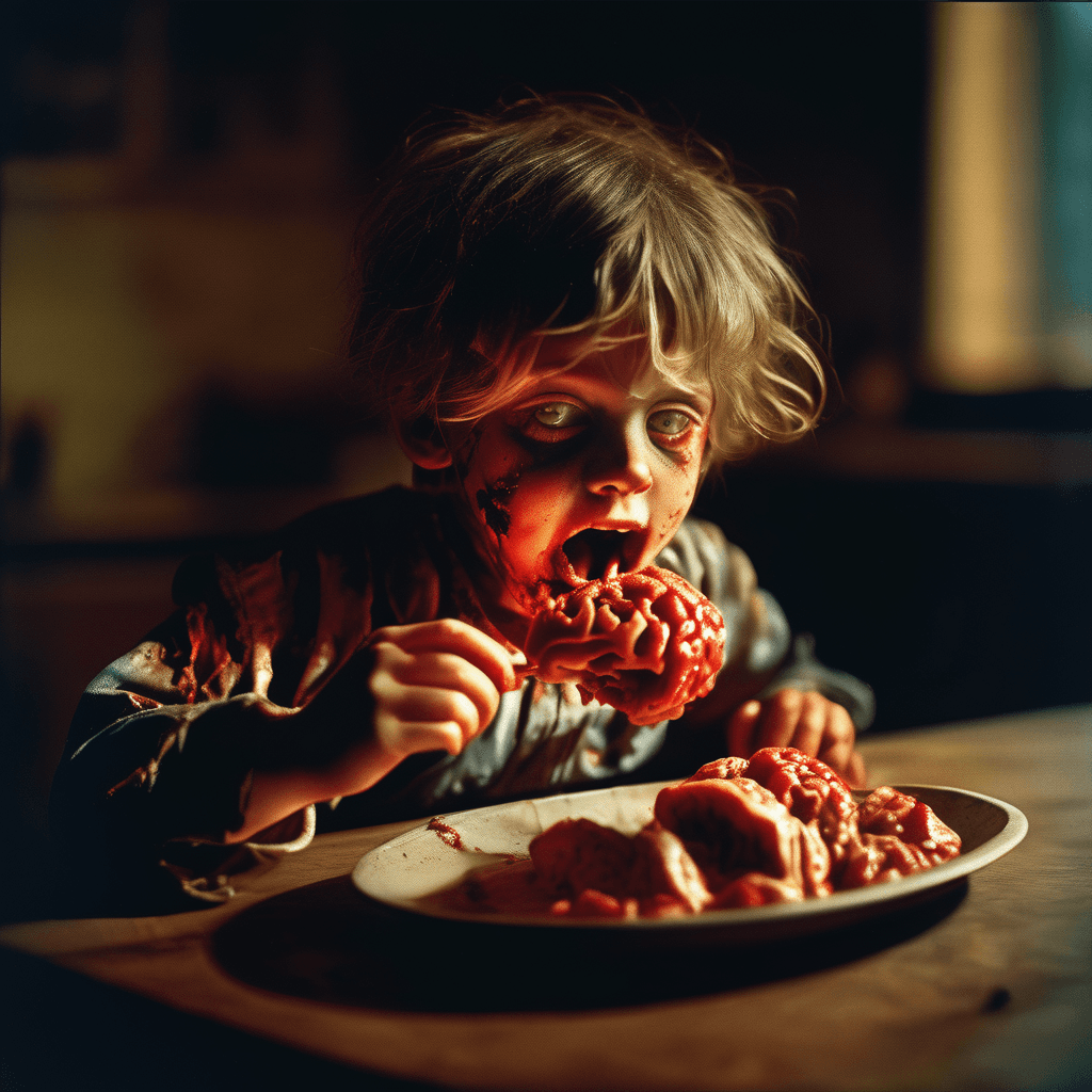 AI generated: Masterpiece, Best quality, a photograph of a beautiful hyperrealistic zombie child, eating a human b...