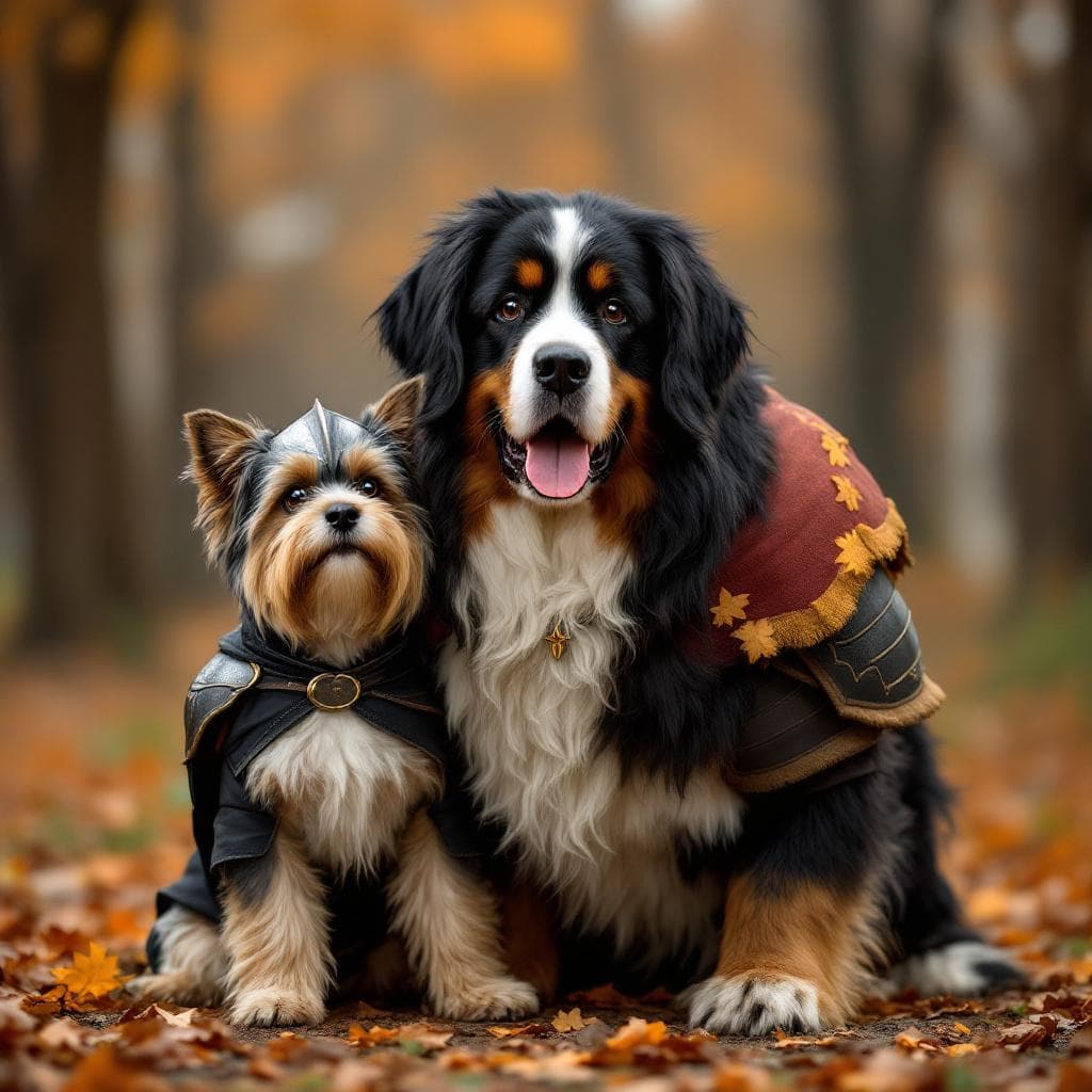 AI generated: Create a highly detailed photograph of a much bigger Bernese Mountain Dog and a Yorkshire terrier dr...