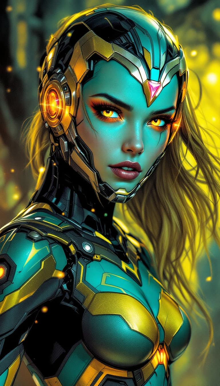 AI generated: A cybernetic female heroine with a vibrant, turquoise face, a captivating fusion of Bumblebee, Vixen...
