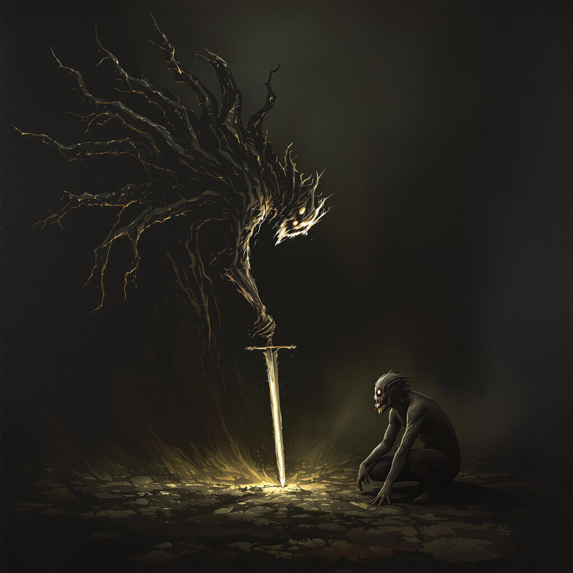 AI generated: A dark and macabre 9 by 21 portrait depicting a side-view of a twisted, abominable angel, wielding a...