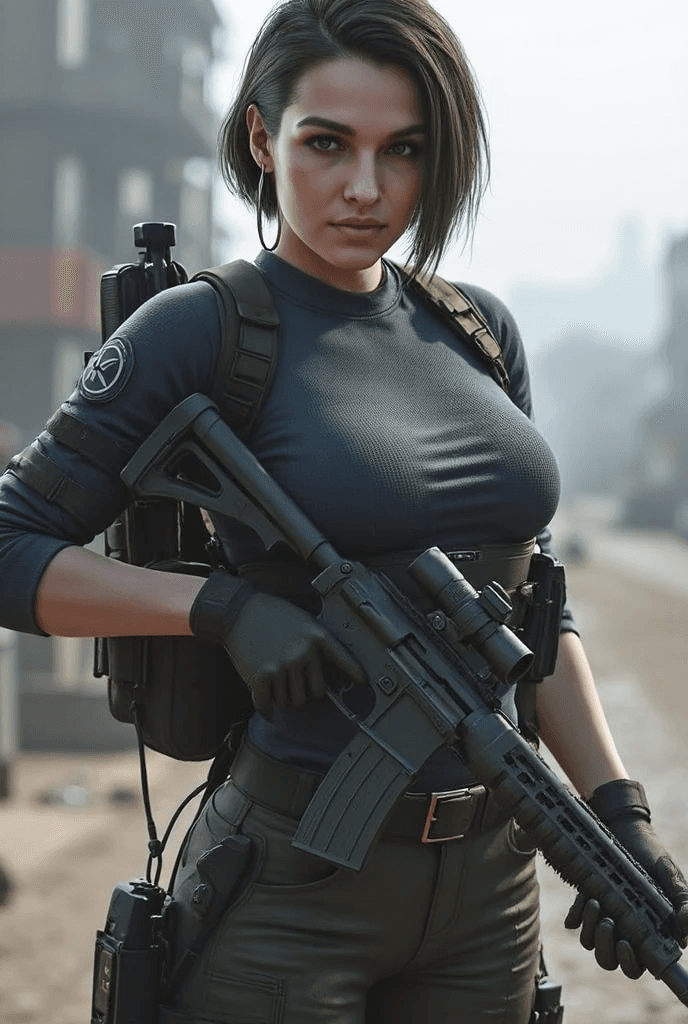 AI generated: Teljes alakos, alacsony testű, fiatal, gyönyörű Jill Valentine mint katona, napbarnított bőrrel és r...