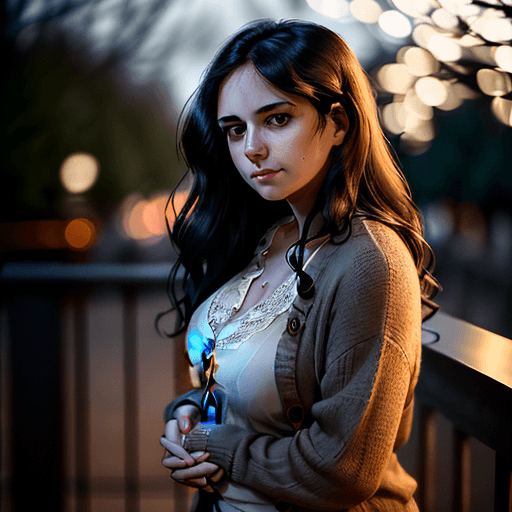 AI generated: A woman with dark wavy hair stands outdoors at dusk, facing the camera with a serious expression. Sh...