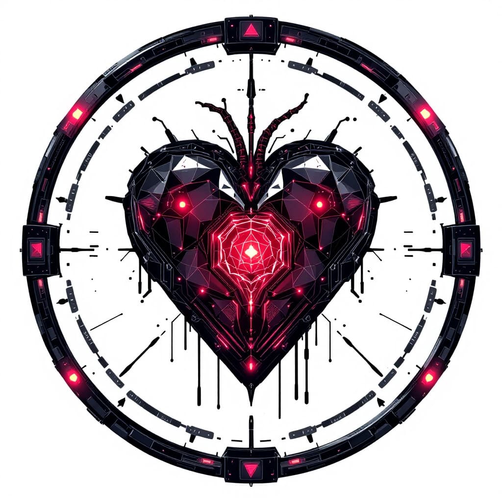 AI generated: A cyber punk unique organic heart emblem in a circle on a white background