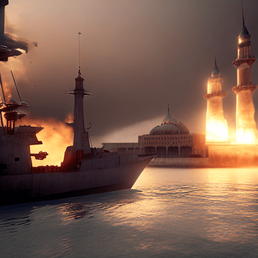 AI generated: Warship bombing a mosque. Cinematic, octane render, dramatic lighting, epic lighting, photorealistic