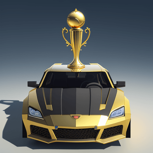 AI generated: Roblox avatar is holding a golden trophy while posing / sitting on top of the sports cars hood displ...