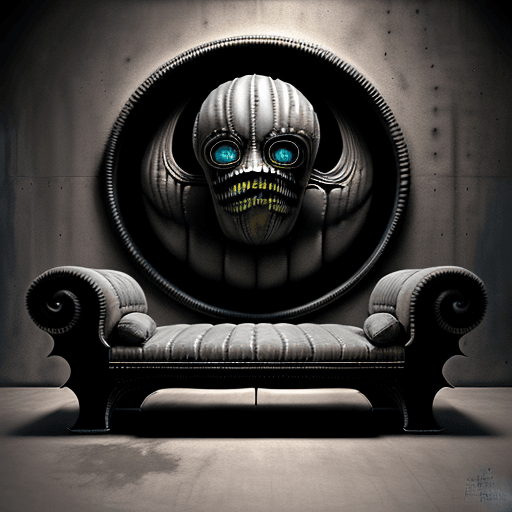AI generated: huge HR Giger style couch, concept furniture, painting on grey, hyper realistic, illustration, digit...