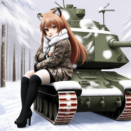 AI generated: taiga aisaka, anime, sit in snowy camouflage riding tank and hug herself, winter red school uniform,...