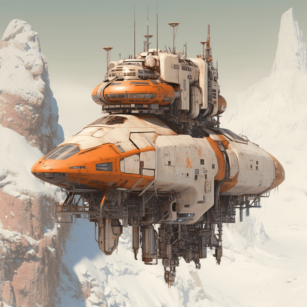 AI generated: futuristic spaceship floating in snow and ice, orange and beige color, in the style of fantastical r...