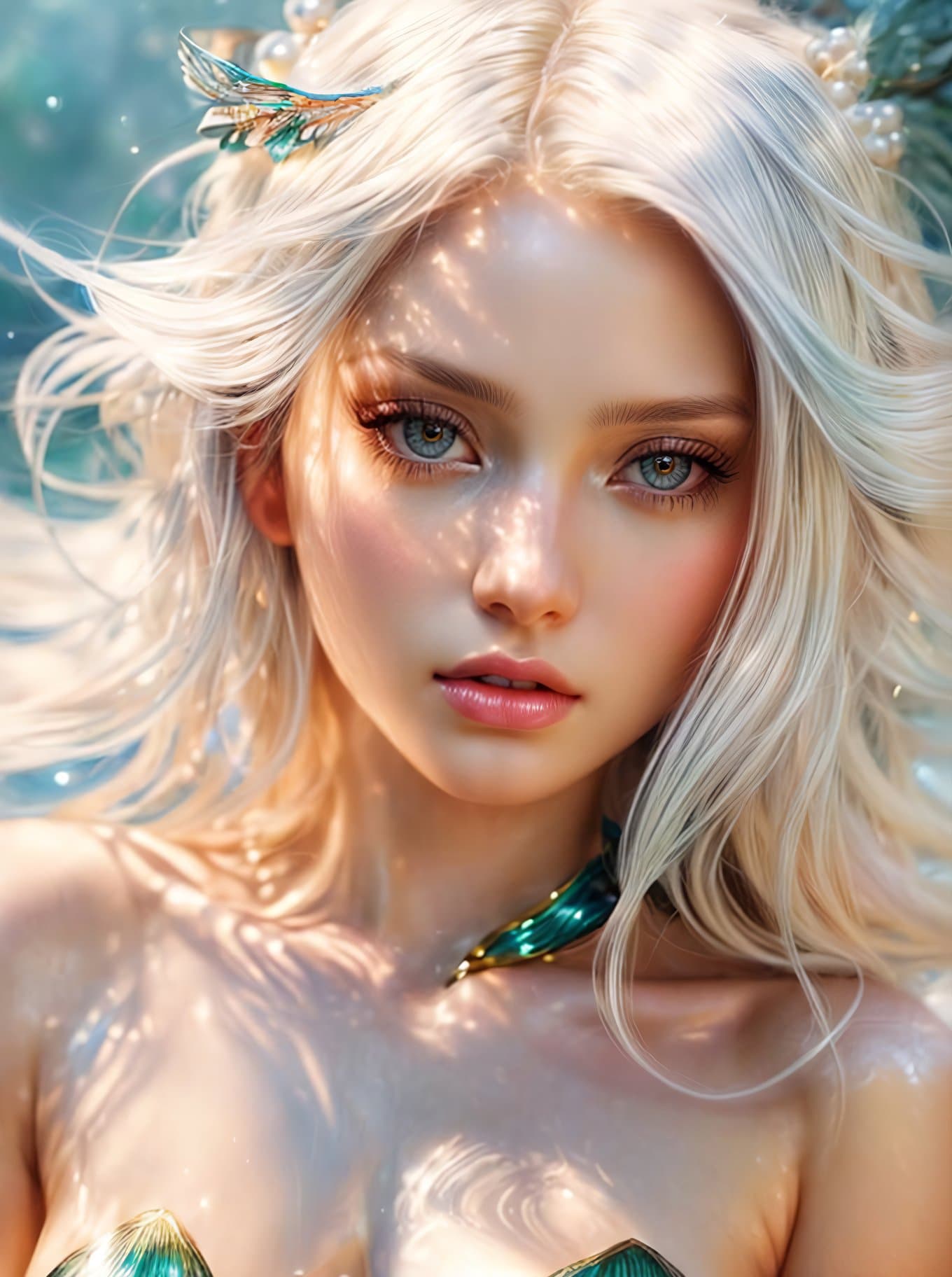 AI generated: Modelshoot Style, Beautiful albino mermaid with silky hair and big reflective green eyes, shimmering...