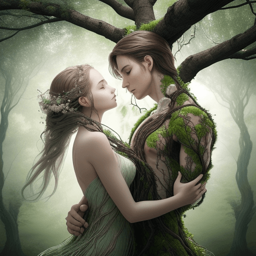 AI generated: A captivating surreal artwork featuring a mesmerizing fusion of human and nature. A male and female ...