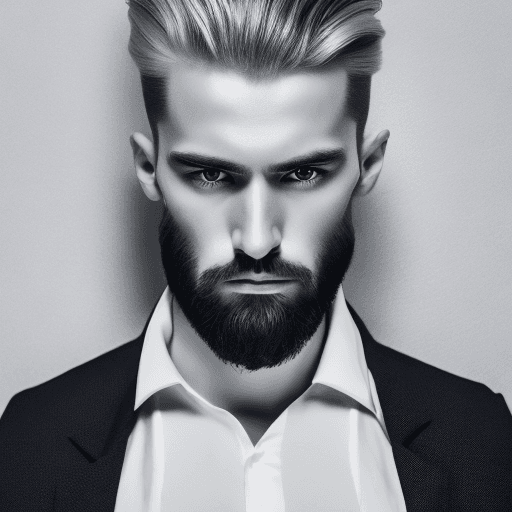 AI generated: Photograph, man, model, minimalist style, white and silver two block hair style, beard, gaze, solid ...