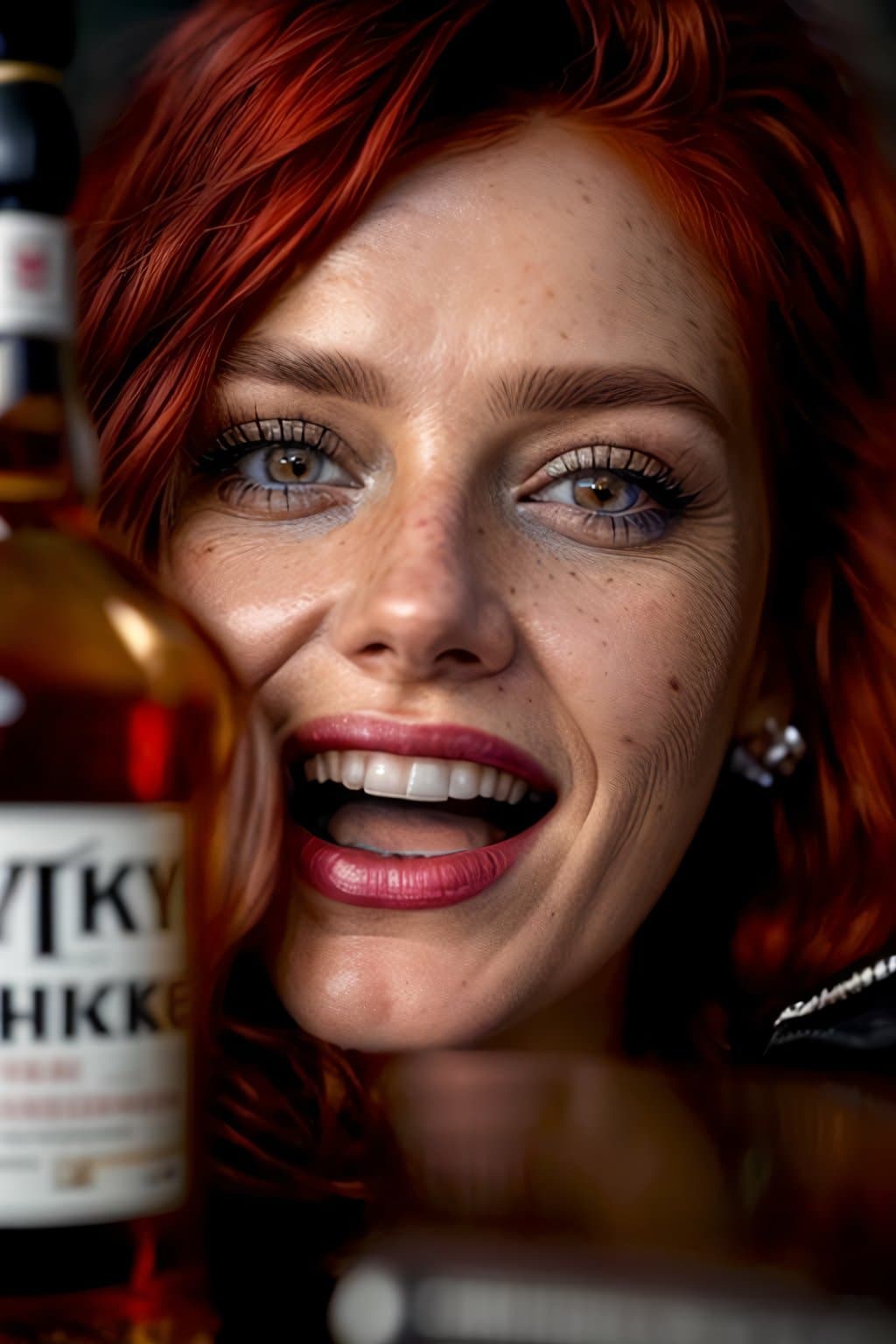 AI generated: a woman with red hair sticking out, She sits and laughs and winks at me, drunk,bar, a realistic grit...