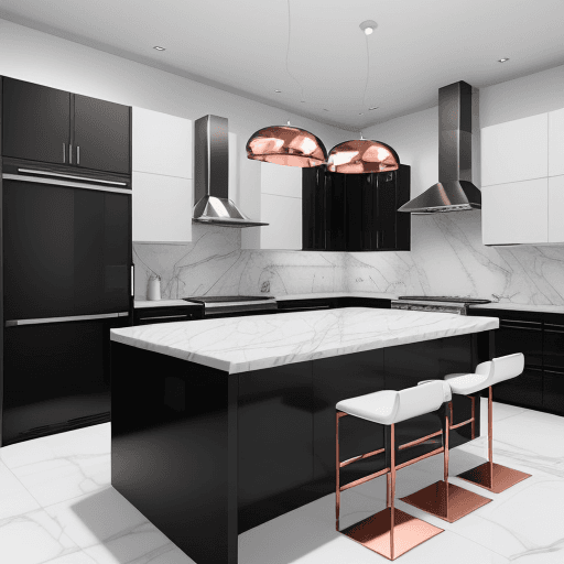 AI generated: Ultra-realistic image of a modern kitchen interior with a sleek monochromatic colour scheme. It feat...