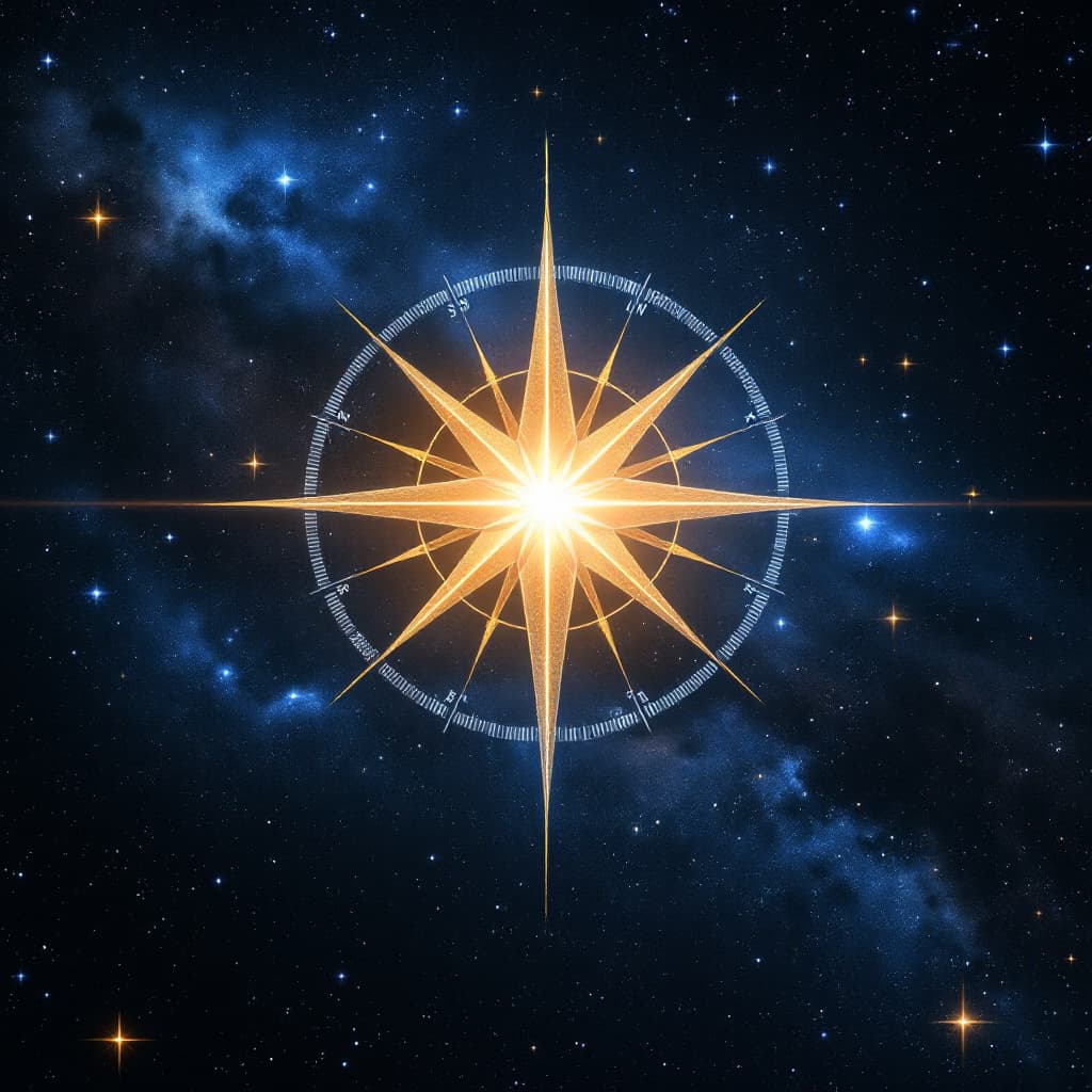 AI generated: A bright star in space to which a compass-shaped spaceship is traveling Design in a in cosmic style
...