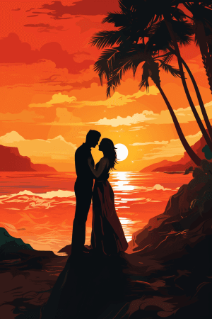 AI generated: Romance illustration, a couple embracing on a beach, love story book, Chiaroscuro, set against sunse...