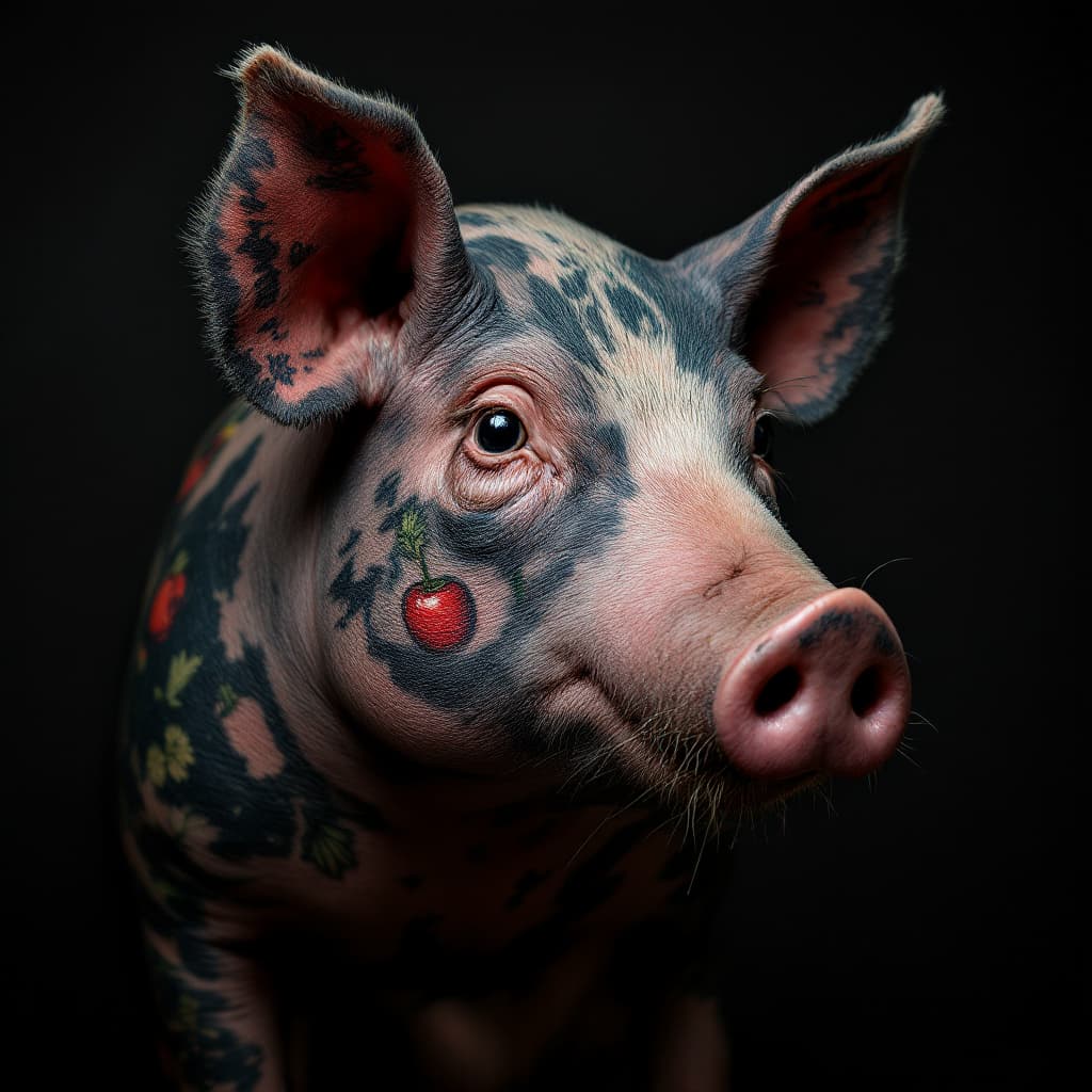 AI generated: photo close up, studio portrait hairless big fat pig tattooed with veggies crisp, highly detail, sup...