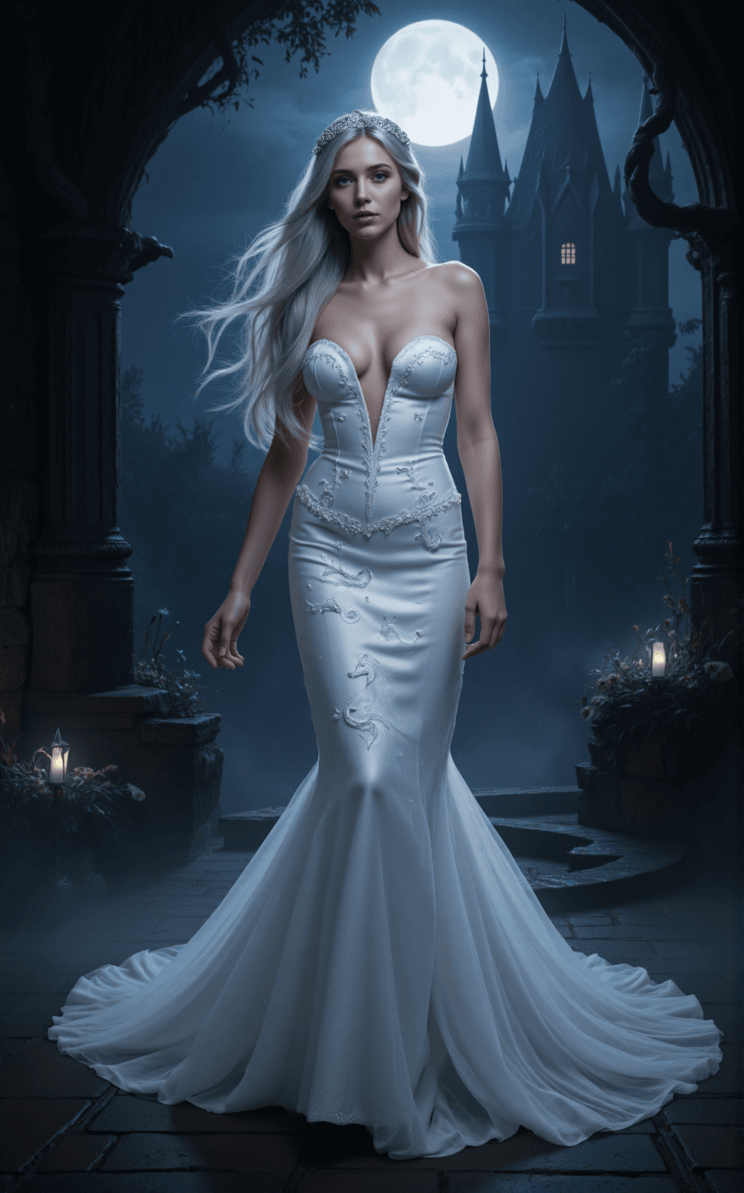 AI generated: Lady Amalthea stands gracefully in a shimmering white corseted gown that hugs her slender, elegant f...
