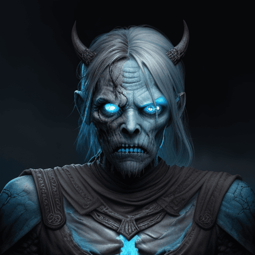 AI generated: a desiccated norse draugr with flaming blue eyes in a dark moonlit background, artstation hd, charac...