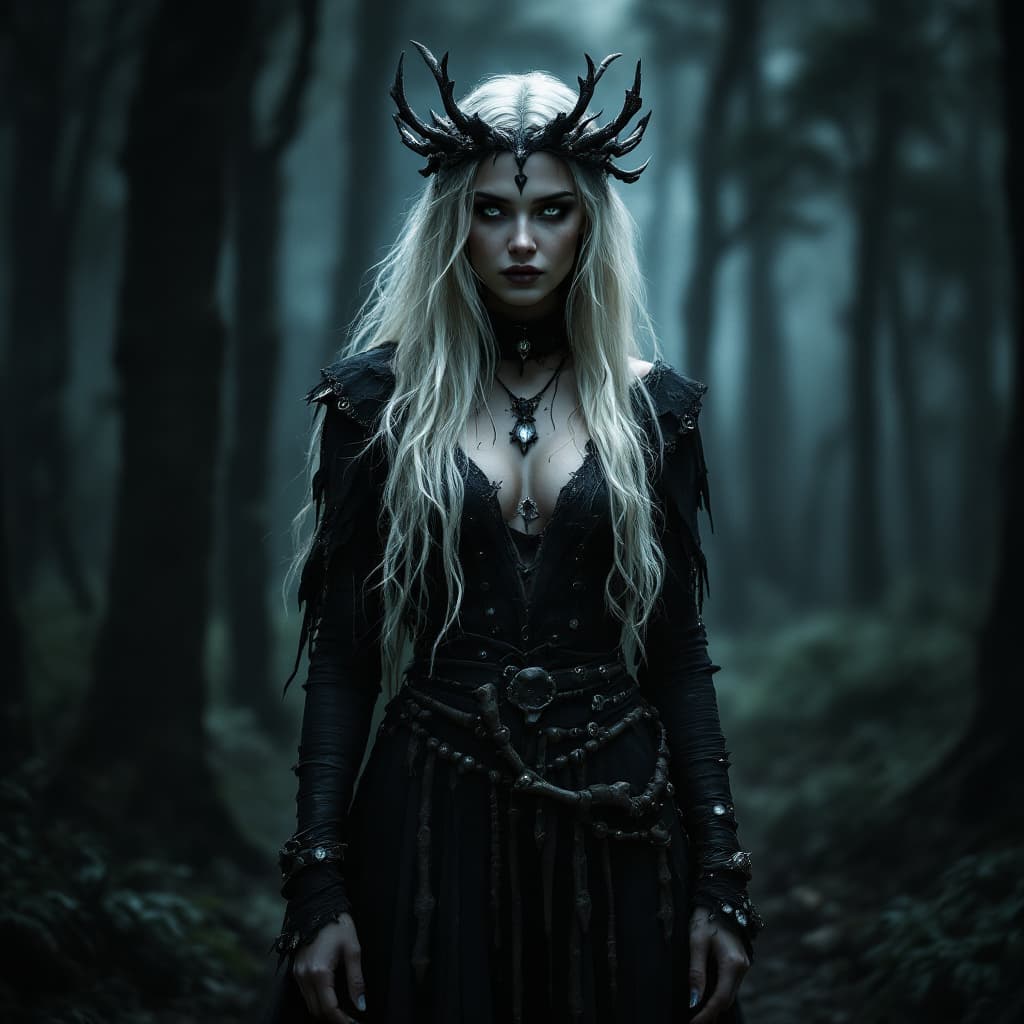 AI generated: a shaman woman wearing black and standing in a dark forest. There is a crown of bones around her hea...