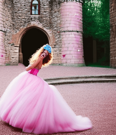 AI generated: pink ball gown ruffle dress, running down in a castle while holding the dress, pink heels detailed i...