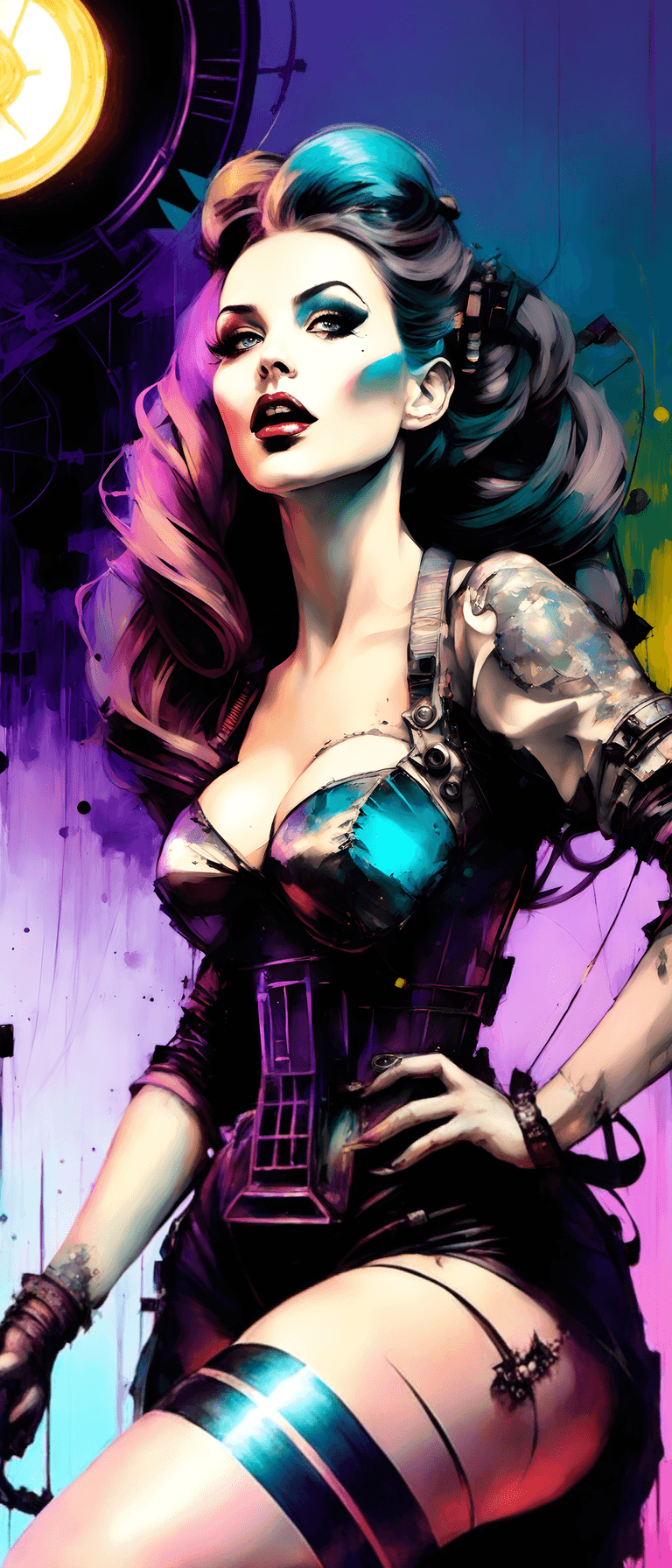 AI generated: Cinderella villain, pinup scifi, gloomy steampunk, dark undertones, madness city on background, Illu...