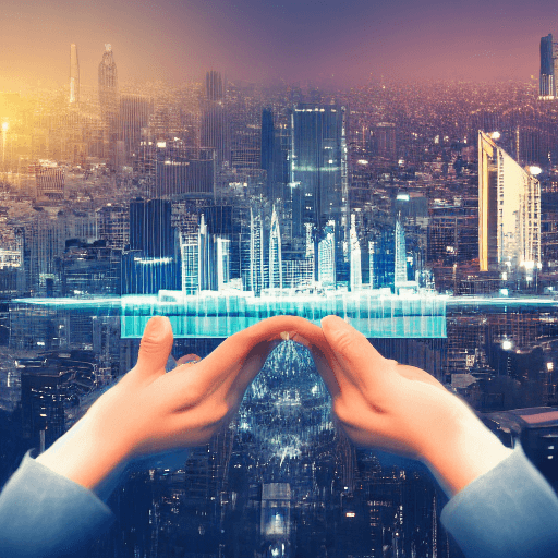AI generated: hands control a model of a city, hands are like a god, image style is realistic wallpaper with gause...