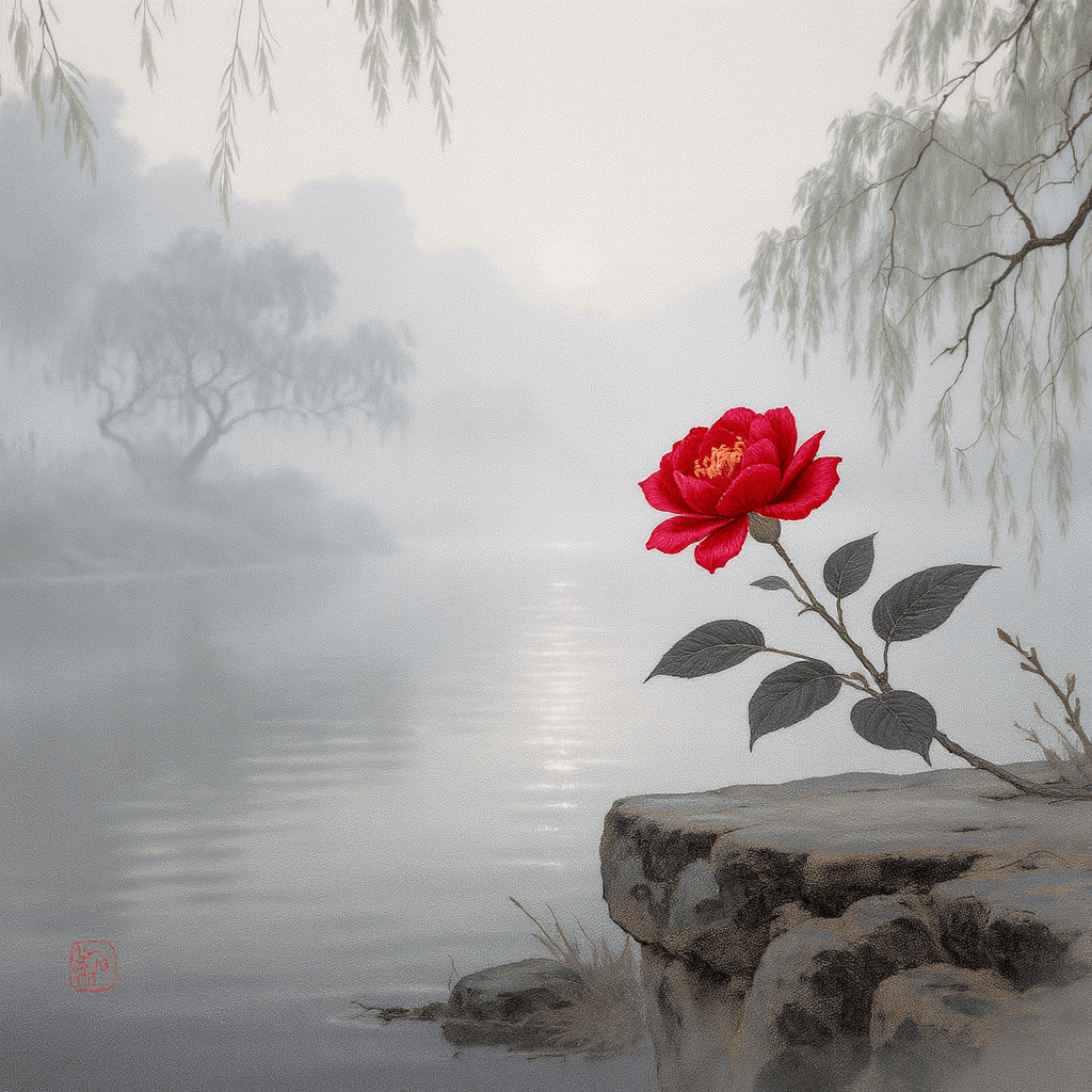 AI generated: A delicate single flower rendered in the style of traditional Chinese embroidery (Guangdong embroide...