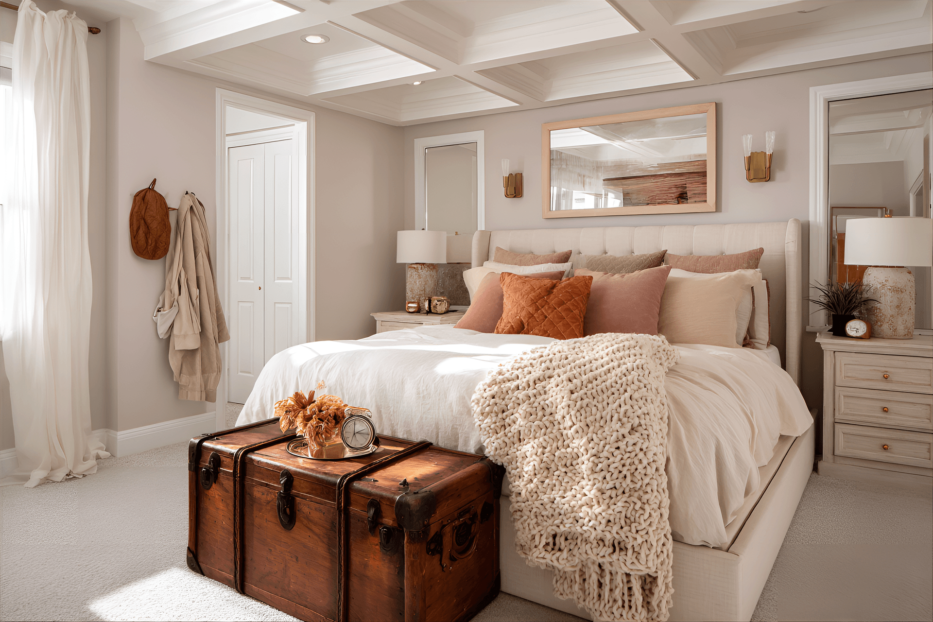 AI generated: photography, bedroom design featuring a bed with storage drawers, large mirror, and decorative sconc...