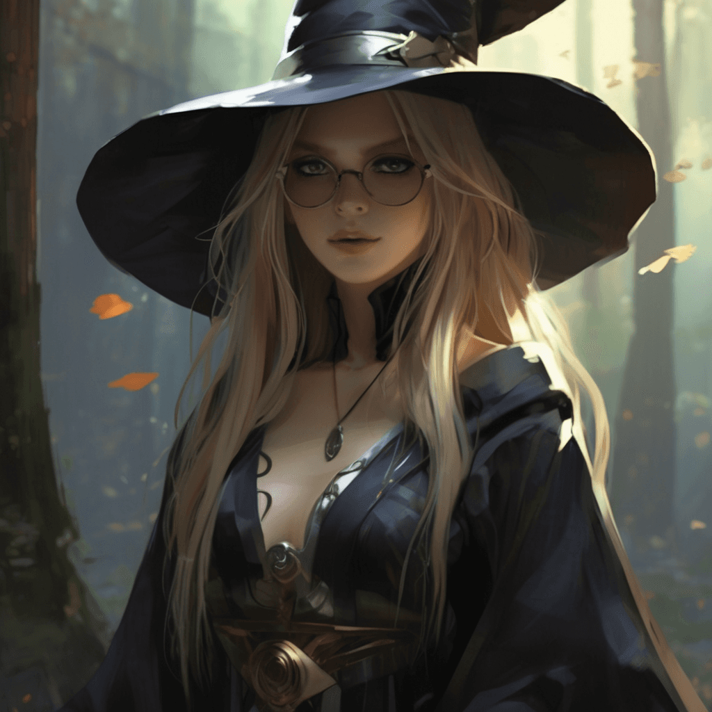 AI generated: a fantasy beautiful wizardress in a forest, wizard robe, eccentric hat, glasses, long blond hair , w...