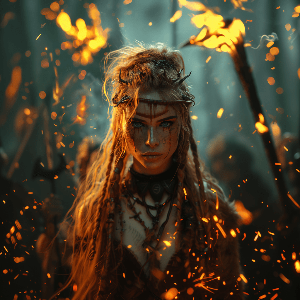 AI generated: beautiful nordic viking princess, she have viking warriors, they are going to war